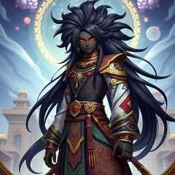 A tall character model in the Genshin Impact art style featuring a black male with long, flowing black hair that shines brilliantly