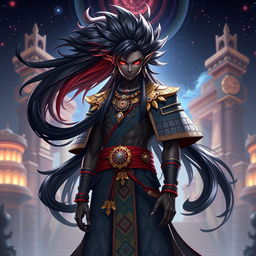 A tall character model in the Genshin Impact art style featuring a black male with long, flowing black hair that shines brilliantly