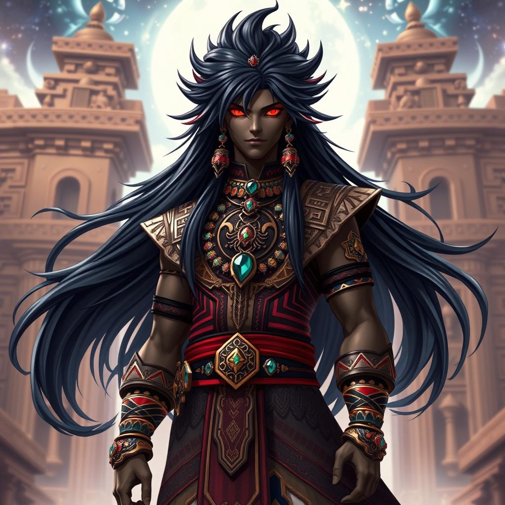 A tall character model in the Genshin Impact art style featuring a black male with long, flowing black hair that shines brilliantly