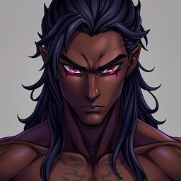 A front view of a character in the Genshin Impact style depicting a man with expressive yet raw beauty