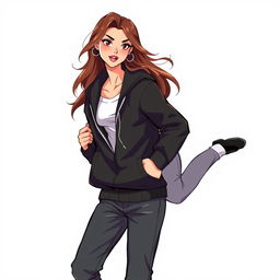 A vector-style illustration of a young woman with alluring features wearing stylish clothing, confidently and playfully being carried by a man dressed in a sleek black hoodie