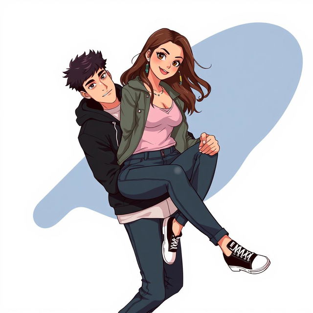 A vector-style illustration of a young woman with alluring features wearing stylish clothing, confidently and playfully being carried by a man dressed in a sleek black hoodie