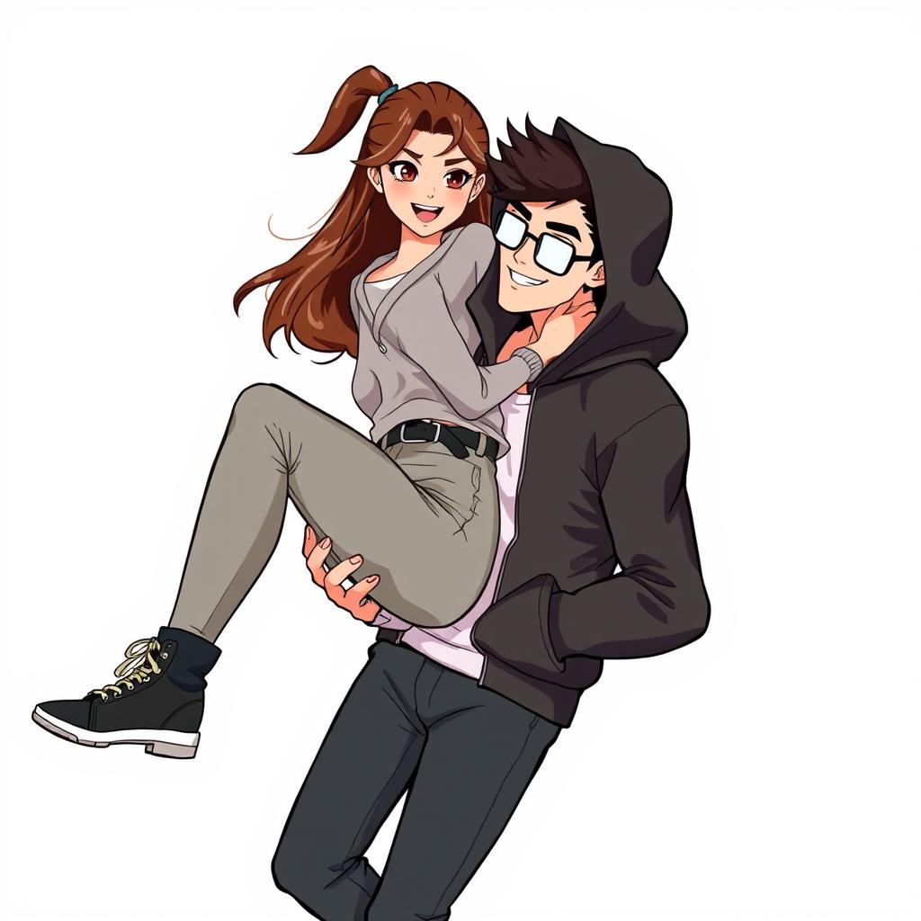 A vector-style illustration of a young woman with alluring features wearing stylish clothing, confidently and playfully being carried by a man dressed in a sleek black hoodie