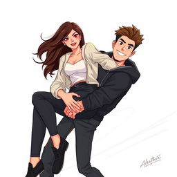 A vector-style illustration of a young woman with alluring features wearing stylish clothing, confidently and playfully being carried by a man dressed in a sleek black hoodie