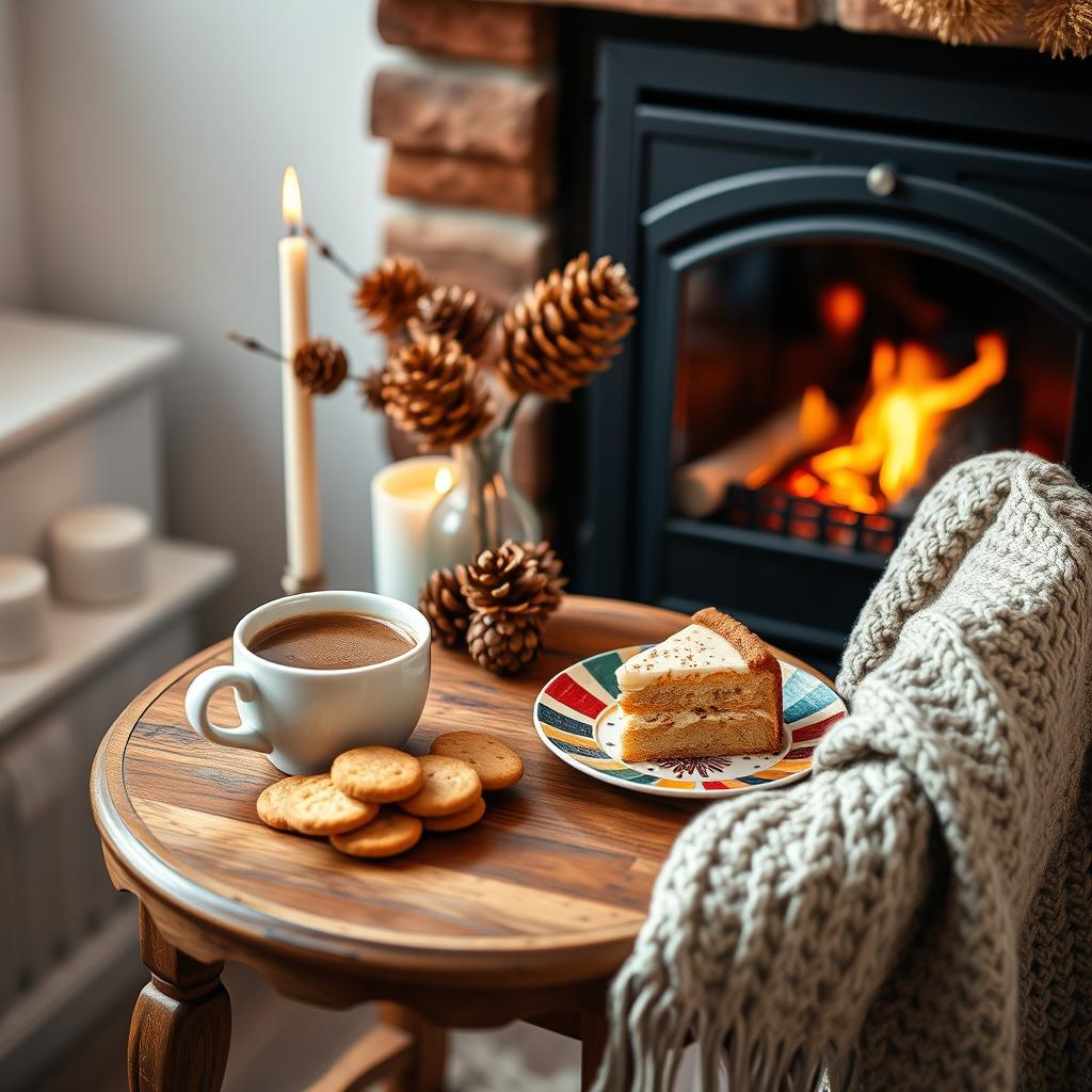 A cozy winter-themed setup featuring a small wooden table positioned next to a crackling fireplace