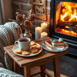 A cozy winter-themed setup featuring a small wooden table positioned next to a crackling fireplace