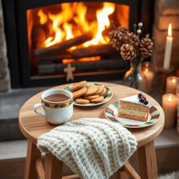 A cozy winter-themed setup featuring a small wooden table positioned next to a crackling fireplace