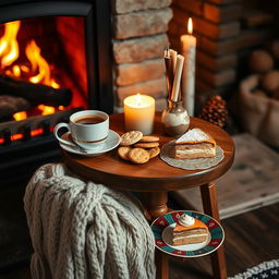 A cozy winter-themed setup featuring a small wooden table positioned next to a crackling fireplace
