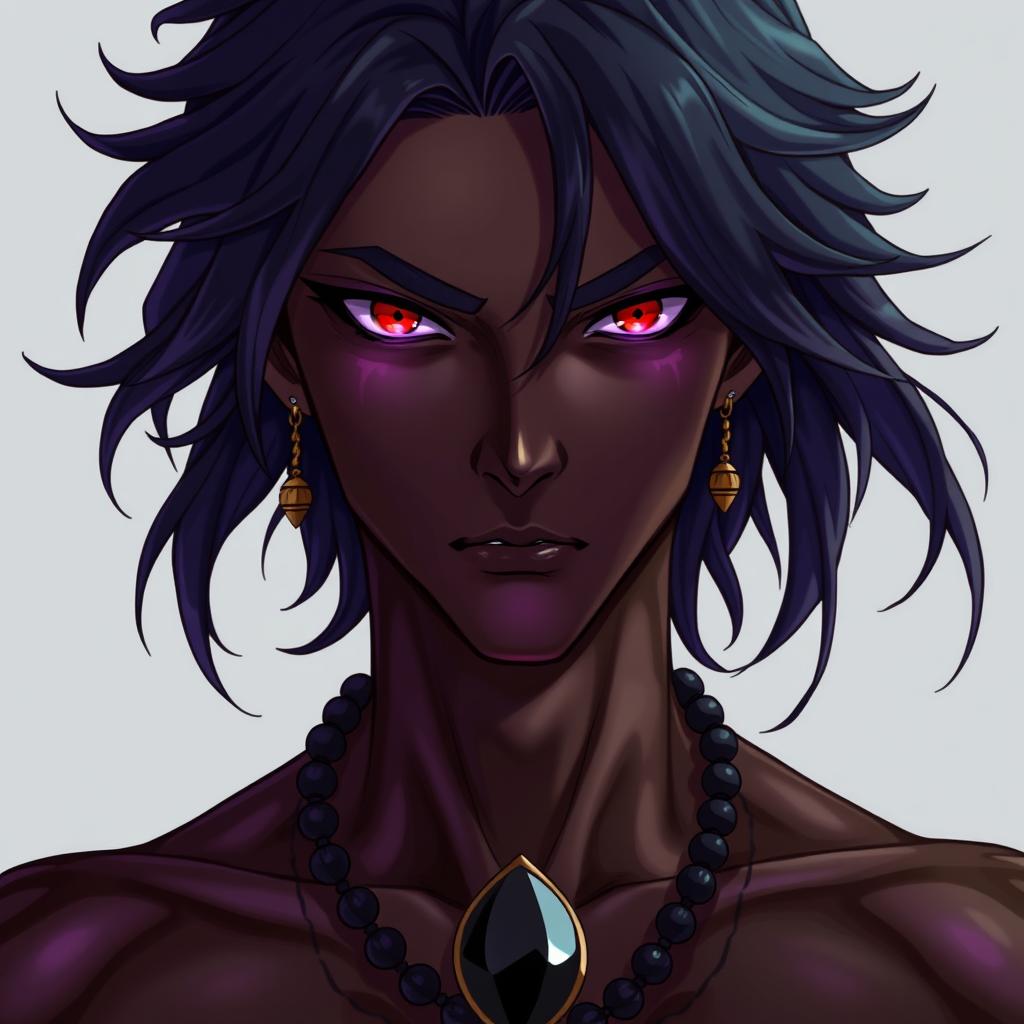 A front view of a character in the Genshin Impact style depicting a man with expressive yet raw beauty