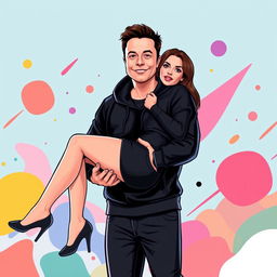 A vector style illustration of Elon Musk dressed in a stylish black hoodie, confidently carrying a beautiful woman in a playful and attractive pose