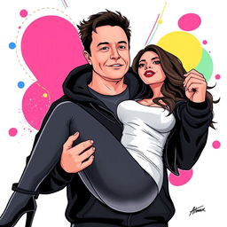 A vector style illustration of Elon Musk dressed in a stylish black hoodie, confidently carrying a beautiful woman in a playful and attractive pose