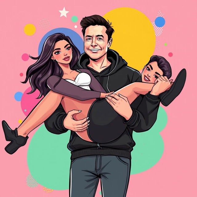 A vector style illustration of Elon Musk dressed in a stylish black hoodie, confidently carrying a beautiful woman in a playful and attractive pose