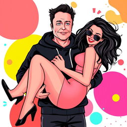A vector style illustration of Elon Musk dressed in a stylish black hoodie, confidently carrying a beautiful woman in a playful and attractive pose