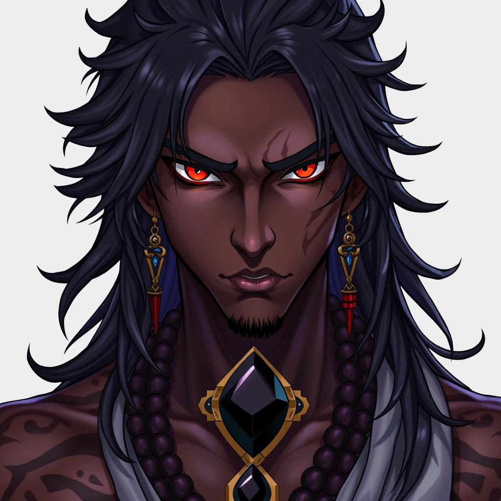 A front view of a character in the Genshin Impact style depicting a man with expressive yet raw beauty