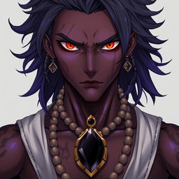 A front view of a character in the Genshin Impact style showcasing a man with expressive yet raw beauty