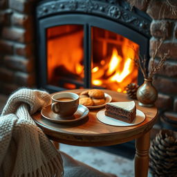 A cozy winter-themed setup featuring a small wooden table by a crackling fireplace