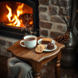 A cozy winter-themed setup featuring a small wooden table by a crackling fireplace