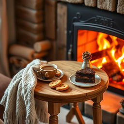 A cozy winter-themed setup featuring a small wooden table by a crackling fireplace