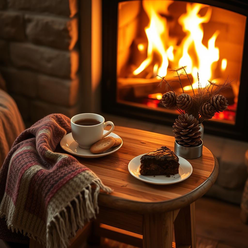 A cozy winter-themed setup featuring a small wooden table by a crackling fireplace