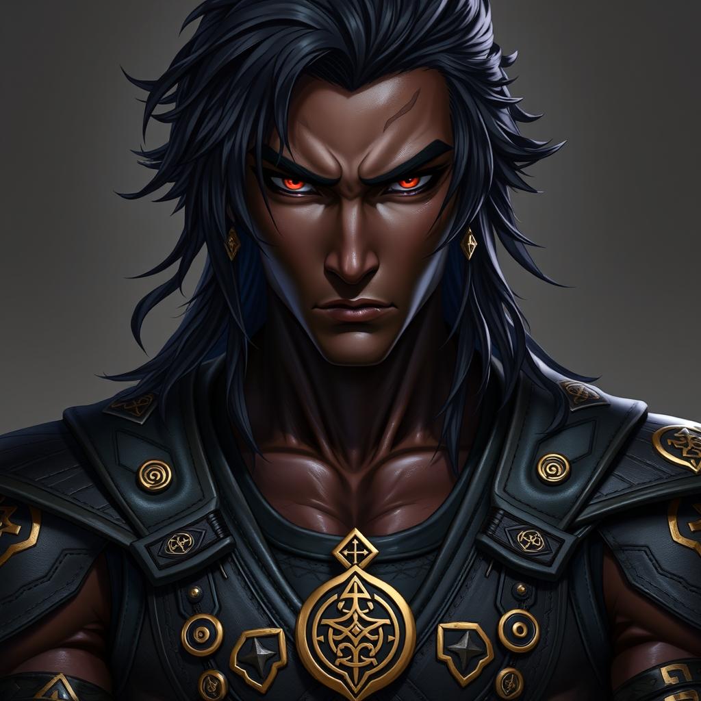 A front view of a character in the Genshin Impact style, portraying a man of expressive yet raw beauty