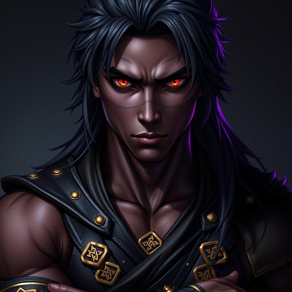 A front view of a character in the Genshin Impact style, portraying a man with expressive yet raw beauty