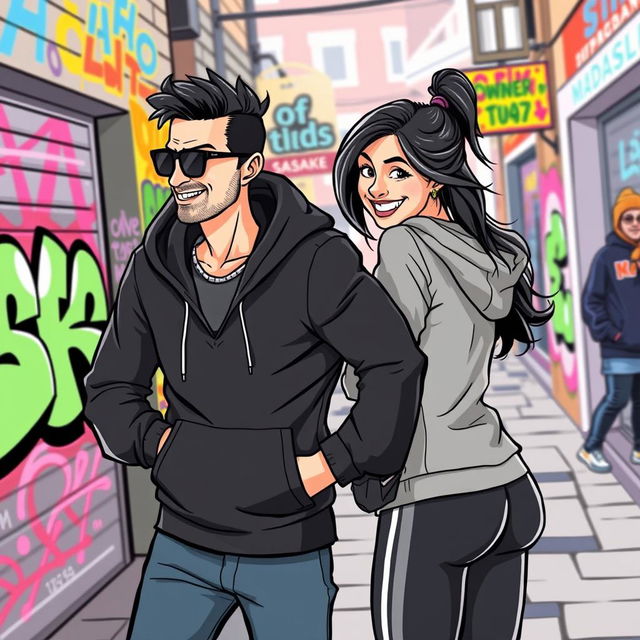 A cartoon-style vector illustration of a stylish man resembling a tech entrepreneur, dressed in a sleek black hoodie, playfully interacting with a woman by giving her an affectionate slap on the butt