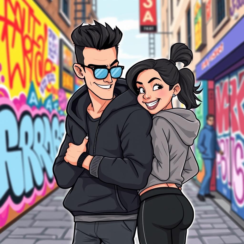 A cartoon-style vector illustration of a stylish man resembling a tech entrepreneur, dressed in a sleek black hoodie, playfully interacting with a woman by giving her an affectionate slap on the butt