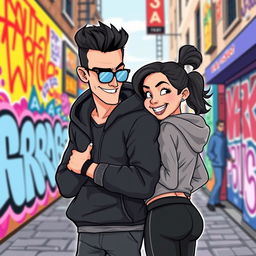 A cartoon-style vector illustration of a stylish man resembling a tech entrepreneur, dressed in a sleek black hoodie, playfully interacting with a woman by giving her an affectionate slap on the butt