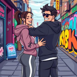 A cartoon-style vector illustration of a stylish man resembling a tech entrepreneur, dressed in a sleek black hoodie, playfully interacting with a woman by giving her an affectionate slap on the butt