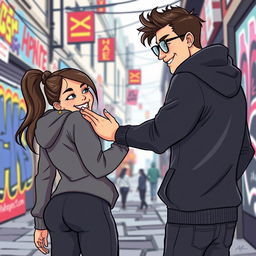 A cartoon-style vector illustration of a stylish man resembling a tech entrepreneur, dressed in a sleek black hoodie, playfully interacting with a woman by giving her an affectionate slap on the butt