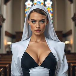 A very attractive 25-year-old woman with striking light-colored eyes, dressed in a nun's habit that accentuates her ample bust and cleavage, exuding a confident and alluring aura