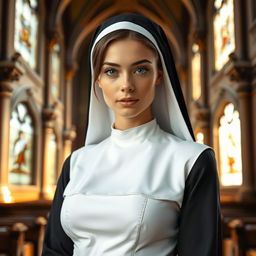 A very attractive 25-year-old woman with gorgeous light-colored eyes, dressed in a nun's habit that highlights her ample bust and features a bold neckline, creating a striking contrast
