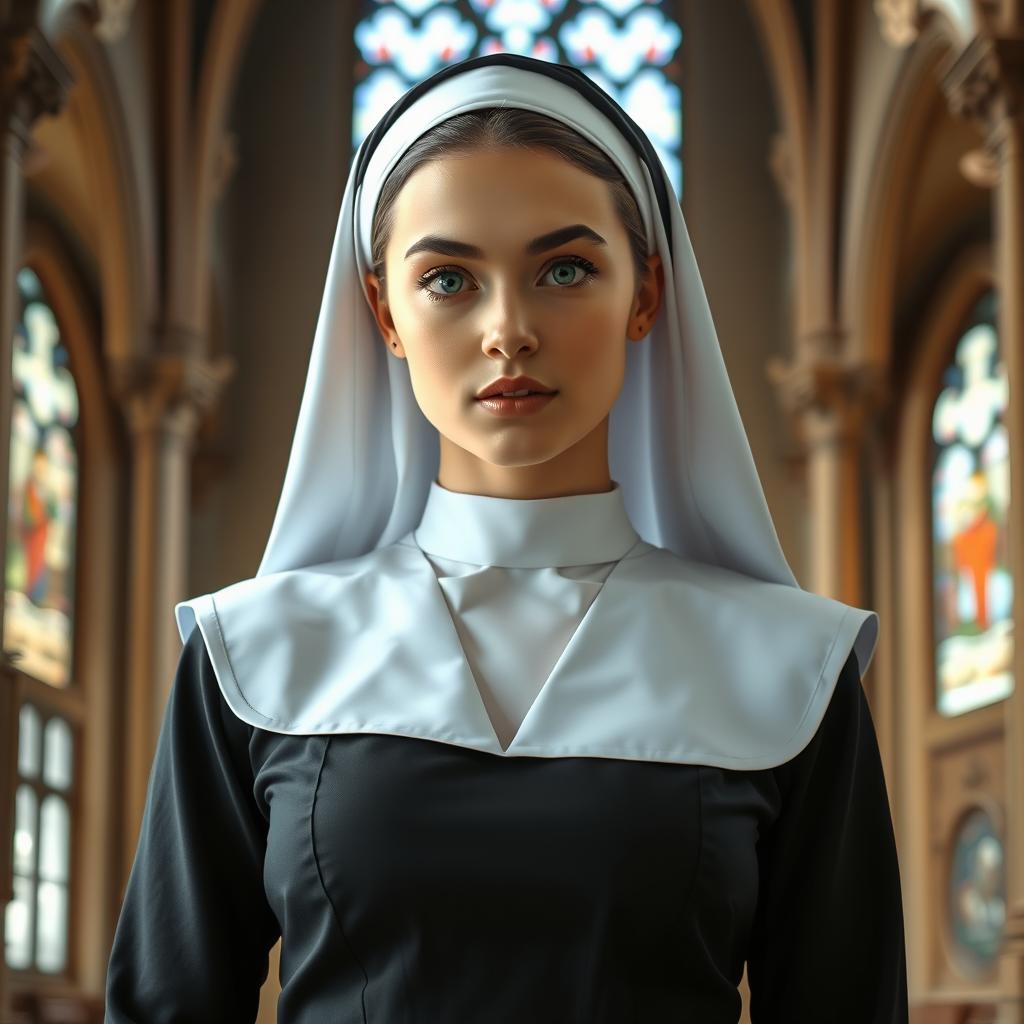 A very attractive 25-year-old woman with gorgeous light-colored eyes, dressed in a nun's habit that highlights her ample bust and features a bold neckline, creating a striking contrast
