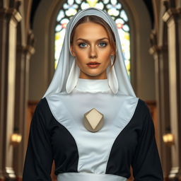 A very attractive 25-year-old woman with gorgeous light-colored eyes, dressed in a nun's habit that highlights her ample bust and features a bold neckline, creating a striking contrast