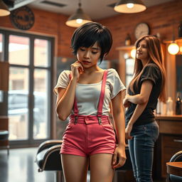 A photorealistic scene in a barber shop featuring a 20-year-old Asian lady with a slim build and small breasts