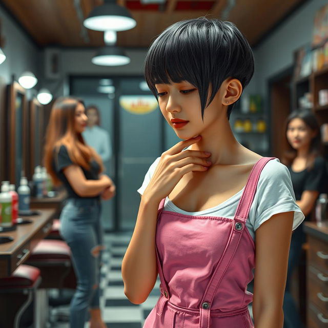 A photorealistic scene in a barber shop featuring a 20-year-old Asian lady with a slim build and small breasts