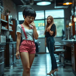 A photorealistic scene in a barber shop featuring a 20-year-old Asian lady with a slim build and small breasts