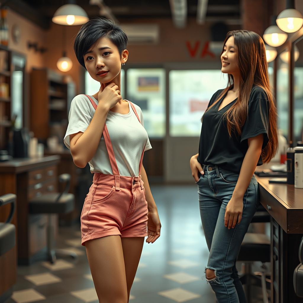 A photorealistic scene in a barber shop featuring a 20-year-old Asian lady with a slim build and small breasts