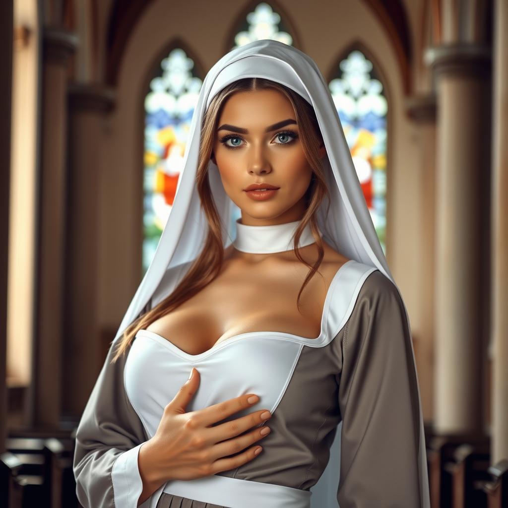 A stunning 25-year-old woman with beautiful light-colored eyes, dressed in a nun's habit that accentuates her generous bust and features an alluring neckline