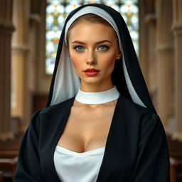 A stunning 25-year-old woman with beautiful light-colored eyes, dressed in a nun's habit that accentuates her generous bust and features an alluring neckline