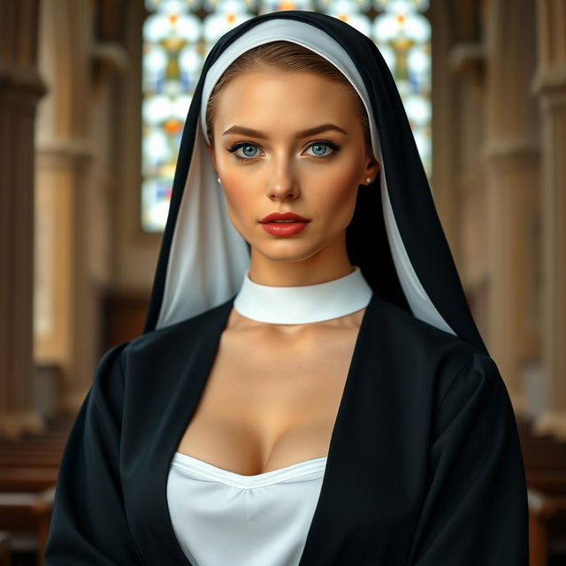 A stunning 25-year-old woman with beautiful light-colored eyes, dressed in a nun's habit that accentuates her generous bust and features an alluring neckline