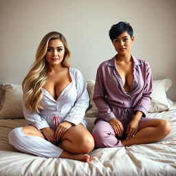 Two women sitting on a bed, capturing a photo-realistic scene