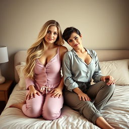 Two women sitting on a bed, capturing a photo-realistic scene