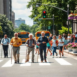 A busy urban street scene during the day, featuring several elderly men with canes crossing the road carefully while smiling