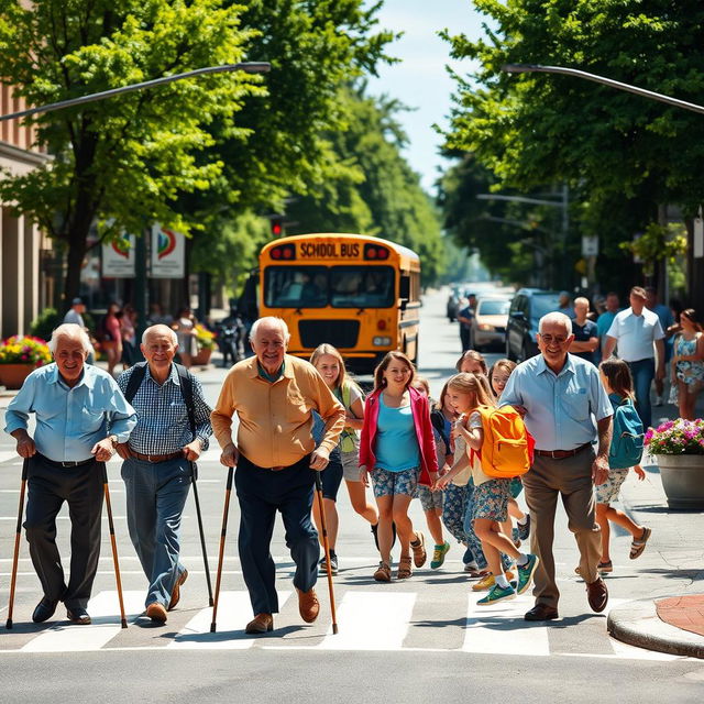 A busy urban street scene during the day, featuring several elderly men with canes crossing the road carefully while smiling