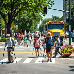 A busy urban street scene during the day, featuring several elderly men with canes crossing the road carefully while smiling