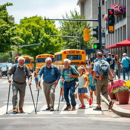 A busy urban street scene during the day, featuring several elderly men with canes crossing the road carefully while smiling