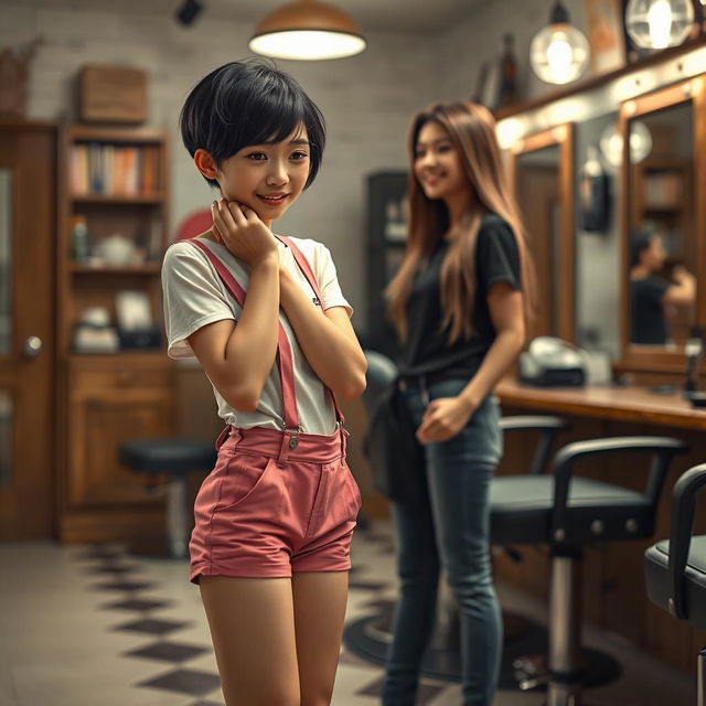 A photorealistic scene in a barber shop featuring a 20-year-old Asian lady with a slim build and small breasts