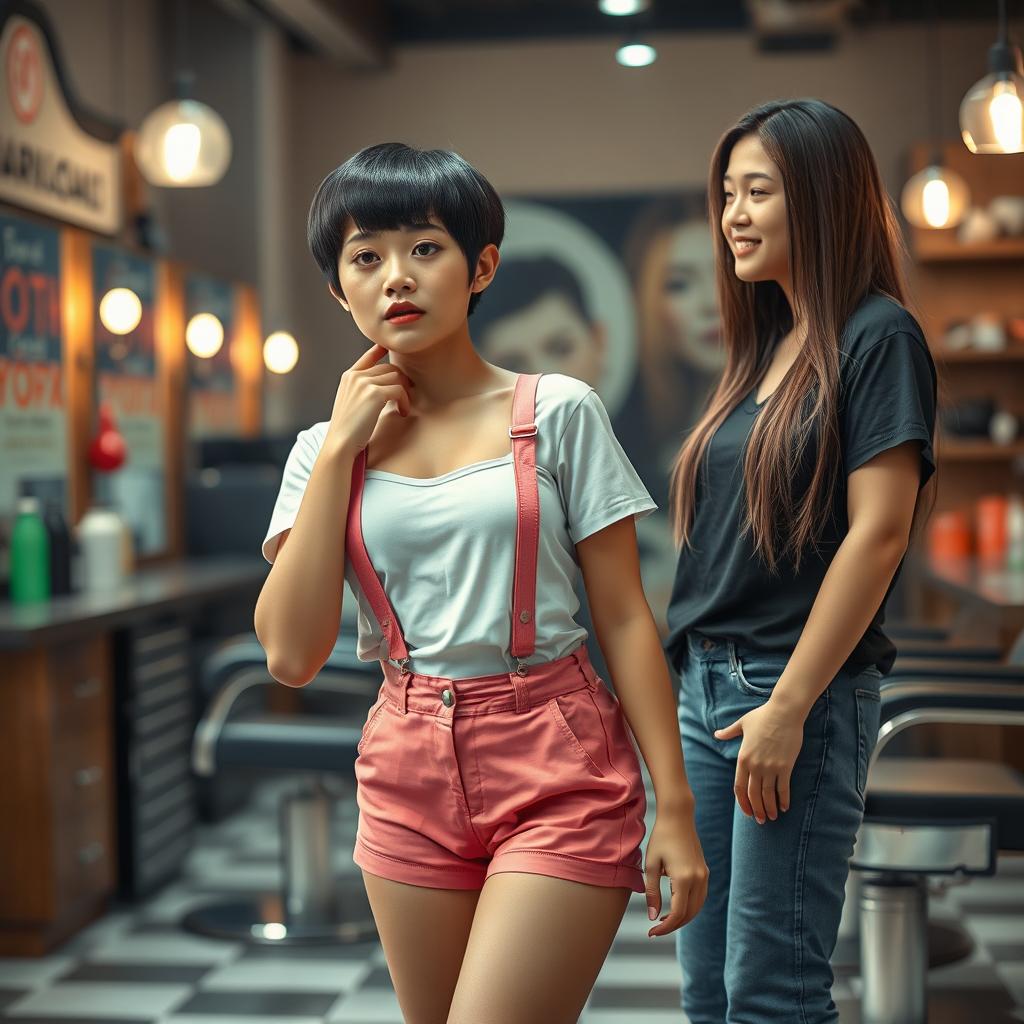 A photorealistic scene in a barber shop featuring a 20-year-old Asian lady with a slim build and small breasts