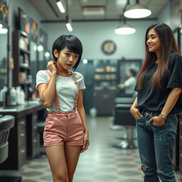 A photorealistic scene in a barber shop featuring a 20-year-old Asian lady with a slim build and small breasts